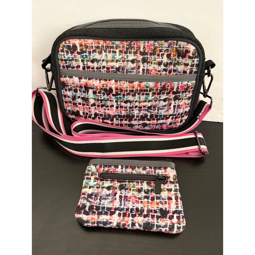Haute‎ Shore Women Crossbody Bag Neoprene Tweed Print Pink Guitar Strap Set EUC
